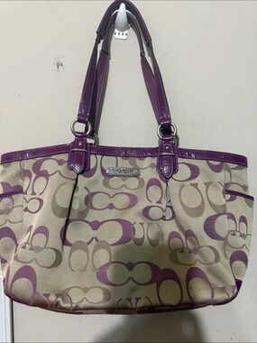 Coach Beige Canvas Tote with Purple Trim